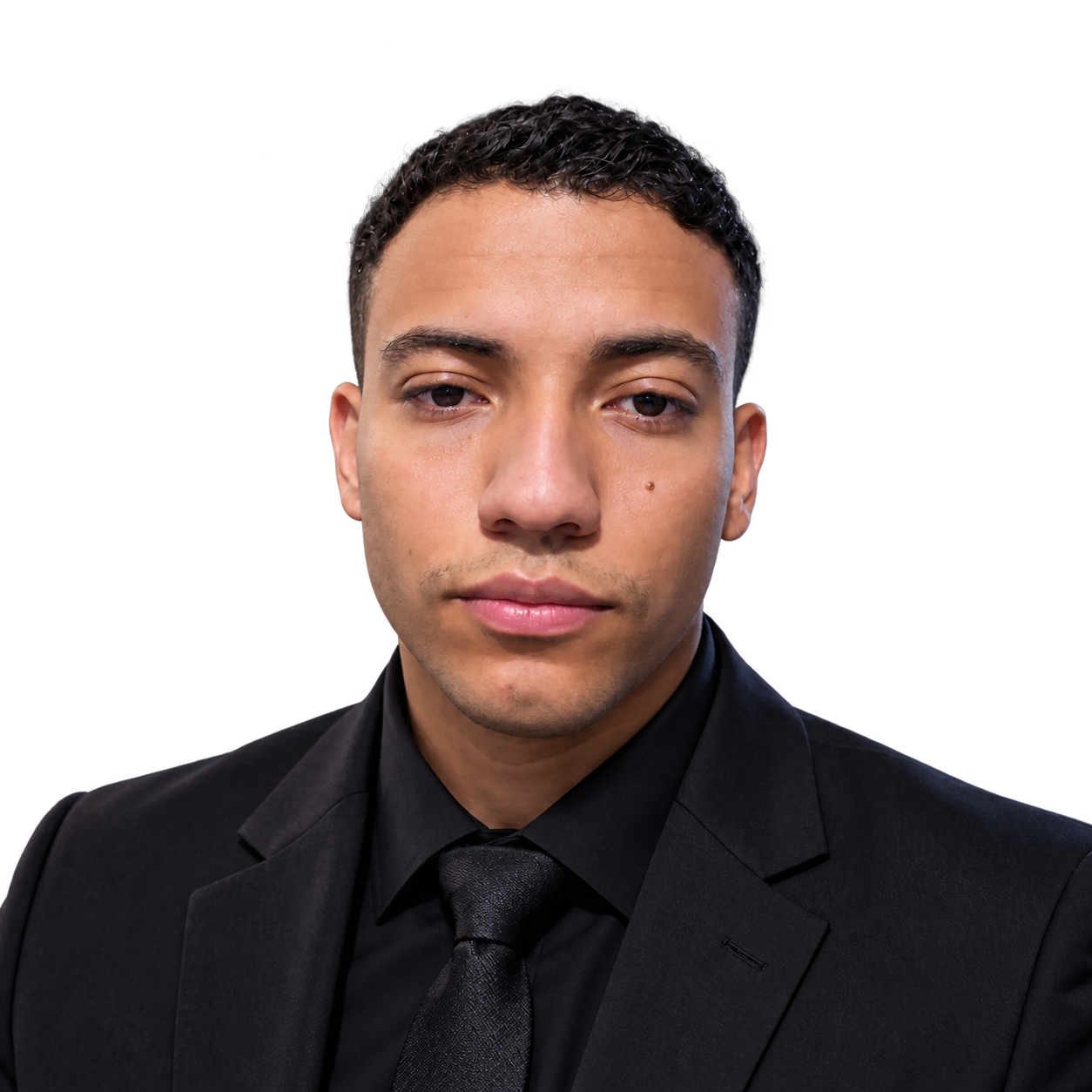Pedro Pinheiro, da BREAKCHAIN, com traje preto e fundo azul